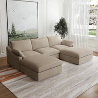 Deluxe Slope Cloud Sectional Sofas | 5-Piece Linen Khaki U-Shaped Sectionals 3-Seater With 2 Ottomans