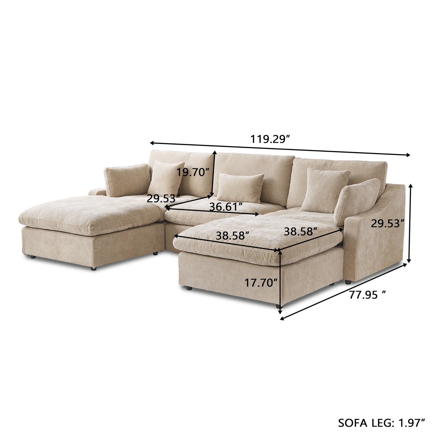 Deluxe Slope Cloud Sectional Sofas | 5-Piece Linen Khaki U-Shaped Sectionals 3-Seater With 2 Ottomans