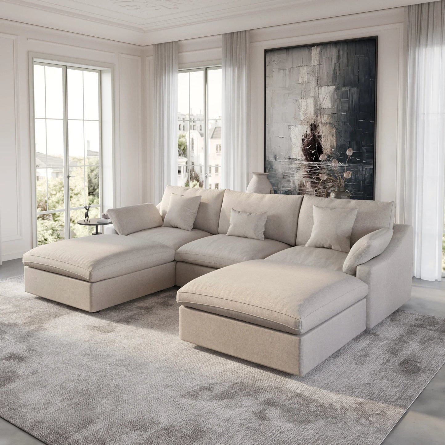 Deluxe Slope Cloud Sectional Sofas | 5-Piece Linen Khaki U-Shaped Sectionals 3-Seater With 2 Ottomans