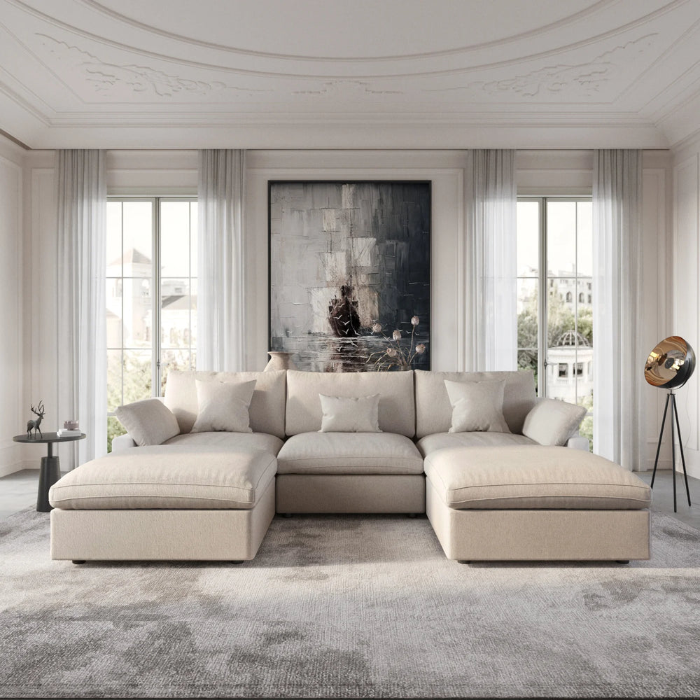 Deluxe Slope Cloud Sectional Sofas | 5-Piece Linen Khaki U-Shaped Sectionals 3-Seater With 2 Ottomans