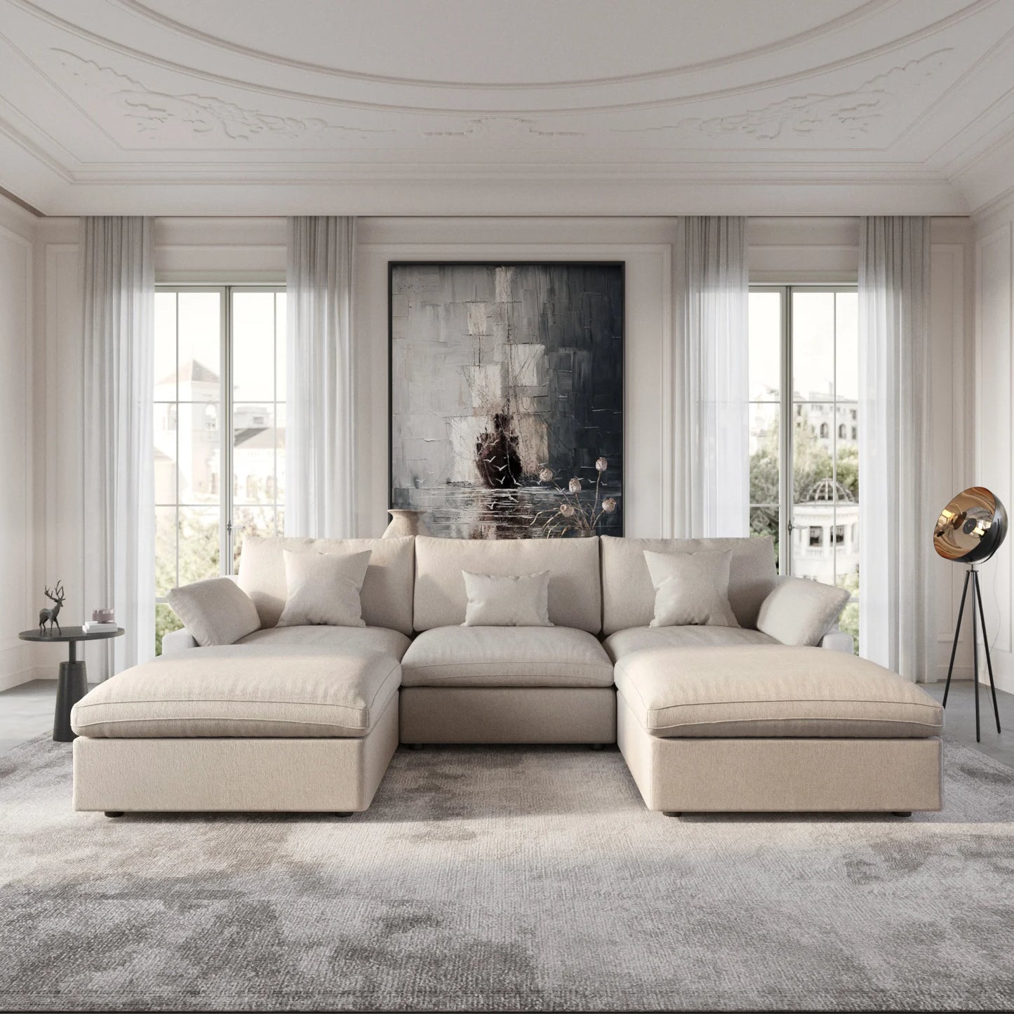 Deluxe Slope Cloud Sectional Sofas | 5-Piece Linen Khaki U-Shaped Sectionals 3-Seater With 2 Ottomans