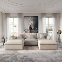 Deluxe Slope Cloud Sectional Sofas | 5-Piece Linen Khaki U-Shaped Sectionals 3-Seater With 2 Ottomans