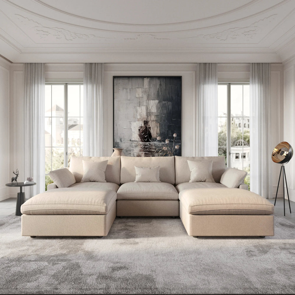 Deluxe Slope Cloud Sectional Sofas | 5-Piece Linen Khaki U-Shaped Sectionals 3-Seater With 2 Ottomans