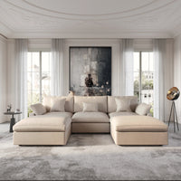 Deluxe Slope Cloud Sectional Sofas | 5-Piece Linen Khaki U-Shaped Sectionals 3-Seater With 2 Ottomans