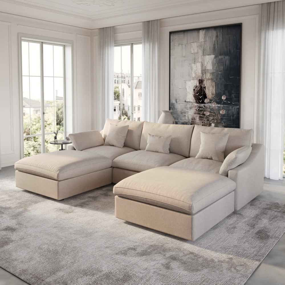 Deluxe Slope Cloud Sectional Sofas | 5-Piece Linen Khaki U-Shaped Sectionals 3-Seater With 2 Ottomans