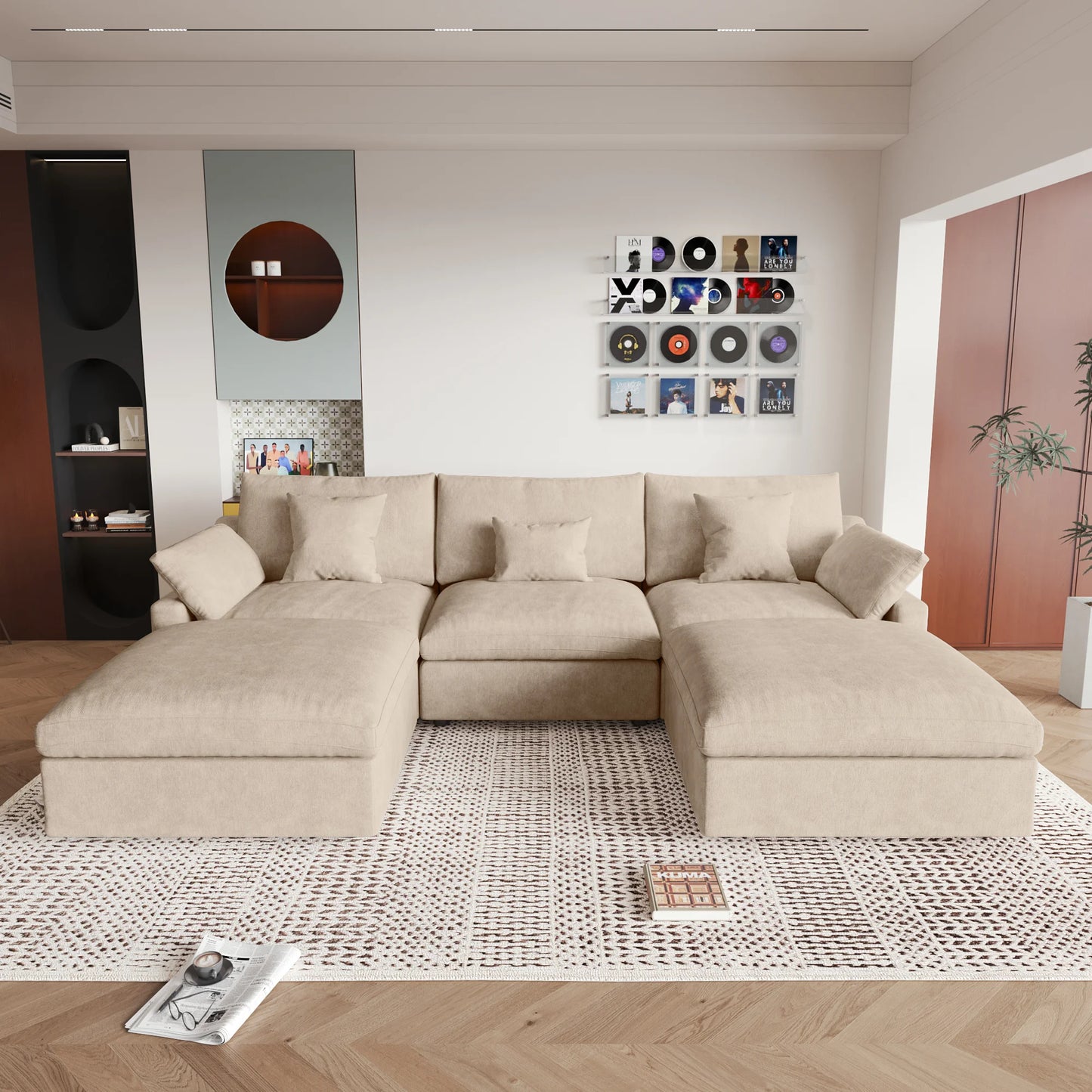 Deluxe Slope Cloud Sectional Sofas | 5-Piece Linen Khaki U-Shaped Sectionals 3-Seater With 2 Ottomans