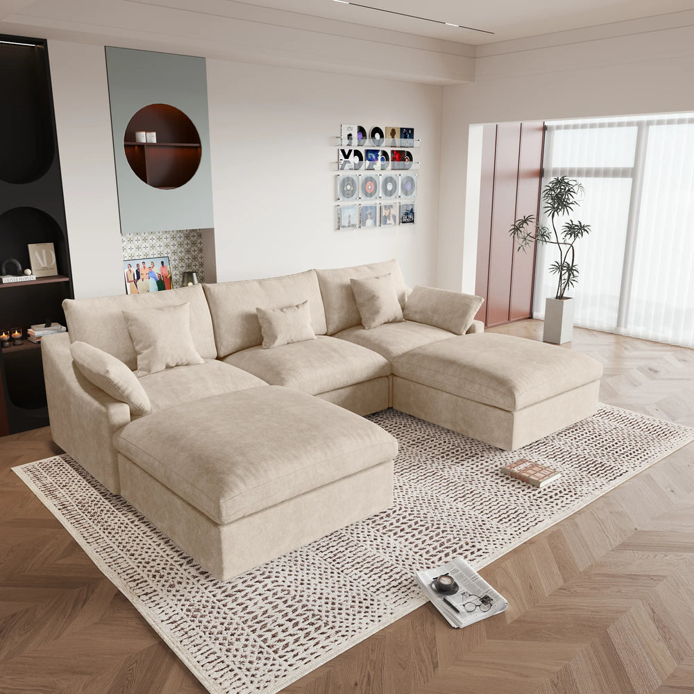 Deluxe Slope Cloud Sectional Sofas | 5-Piece Linen Khaki U-Shaped Sectionals 3-Seater With 2 Ottomans