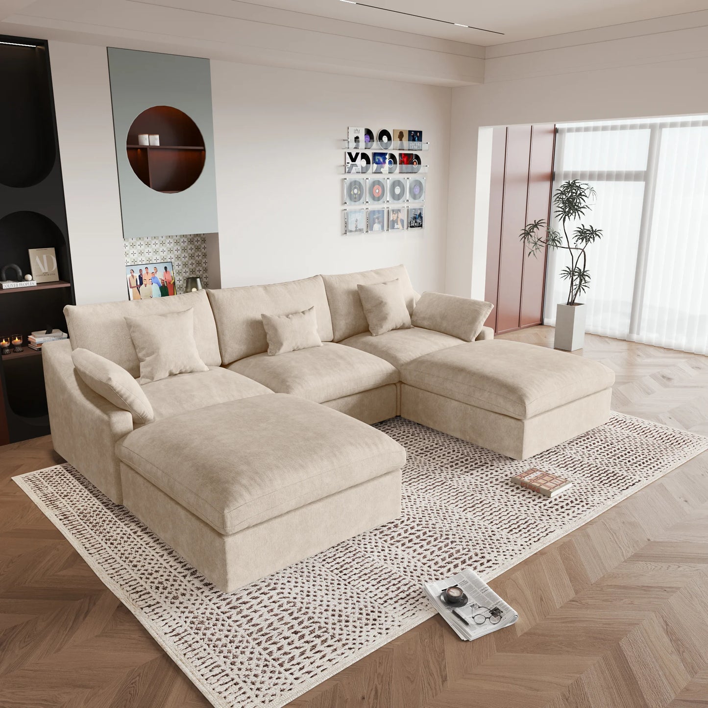 Deluxe Slope Cloud Sectional Sofas | 5-Piece Linen Khaki U-Shaped Sectionals 3-Seater With 2 Ottomans