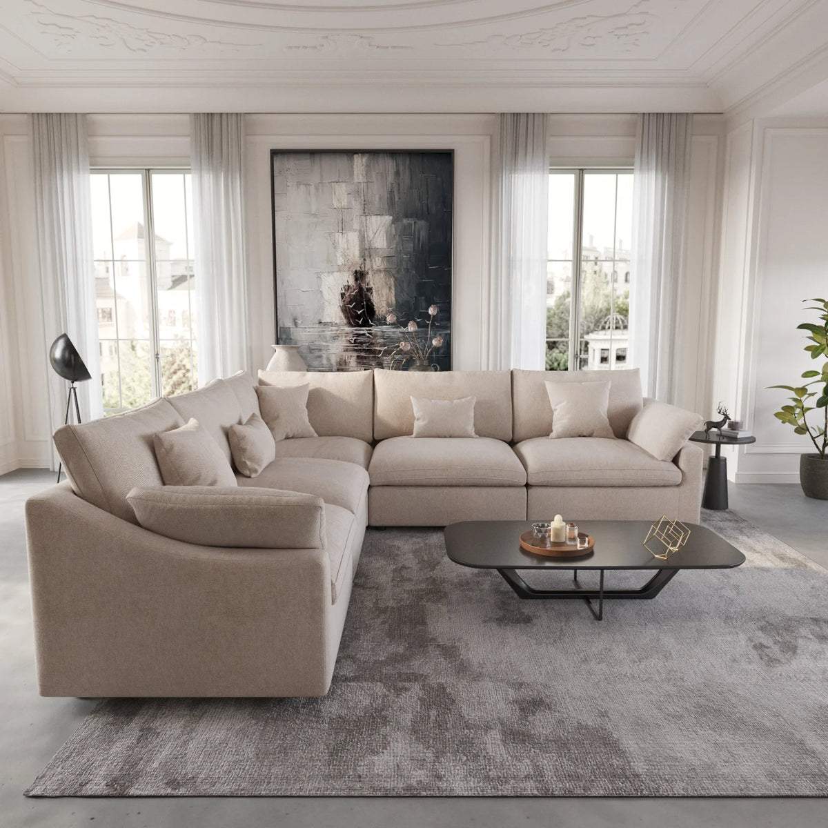 Deluxe Cloud 5-Seater Khaki Washable V-Shaped Sectional | 5-Piece, Chenille and Linen Fabric, Modular Design