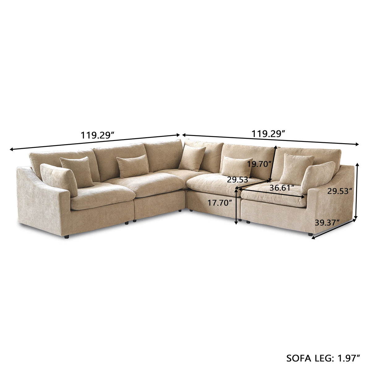 Deluxe Cloud 5-Seater Khaki Washable V-Shaped Sectional | 5-Piece, Chenille and Linen Fabric, Modular Design