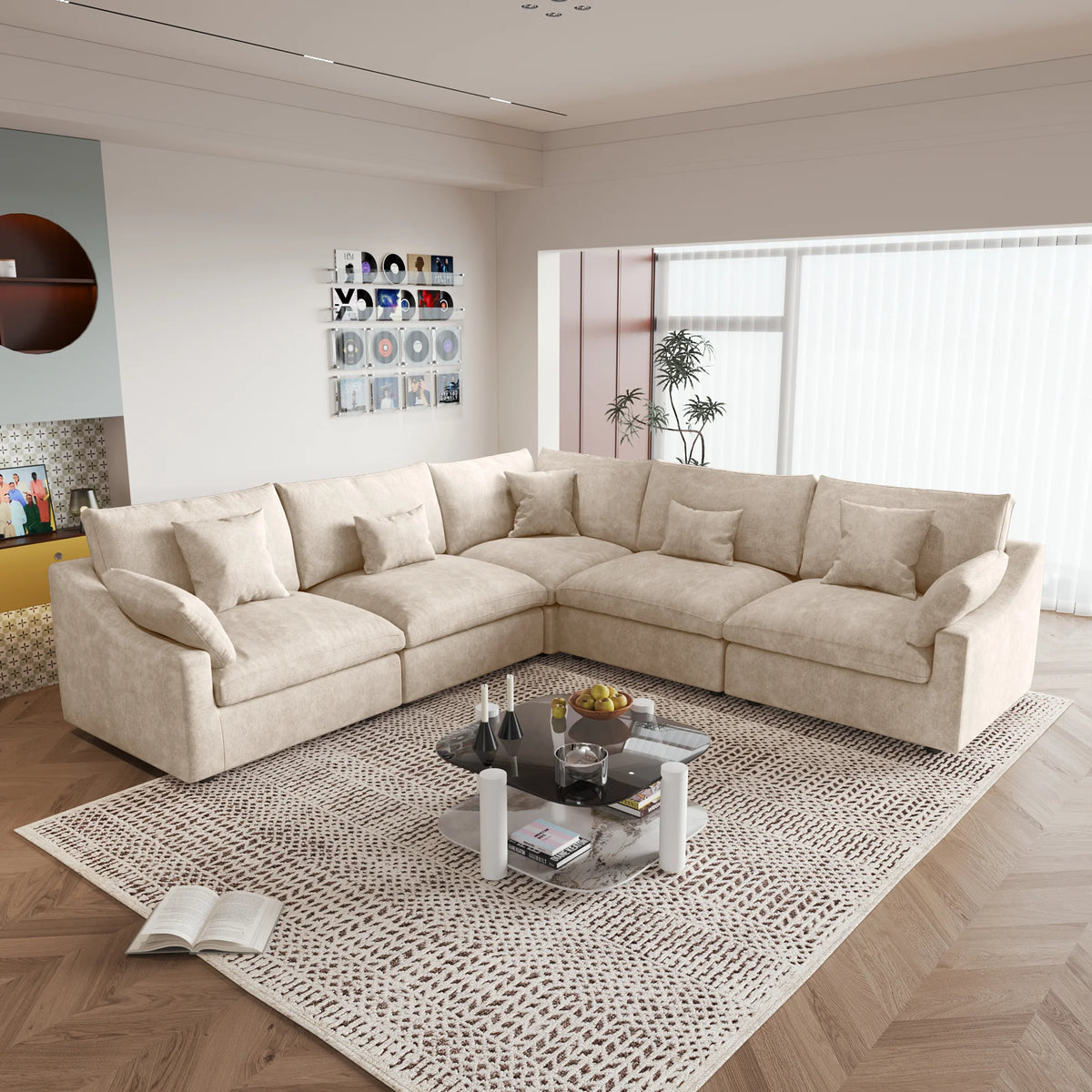Deluxe Cloud 5-Seater Khaki Washable V-Shaped Sectional | 5-Piece, Chenille and Linen Fabric, Modular Design