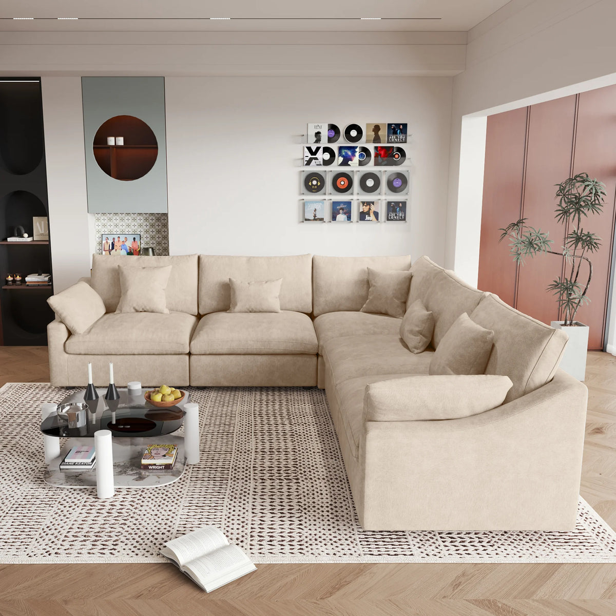 Deluxe Cloud 5-Seater Khaki Washable V-Shaped Sectional | 5-Piece, Chenille and Linen Fabric, Modular Design