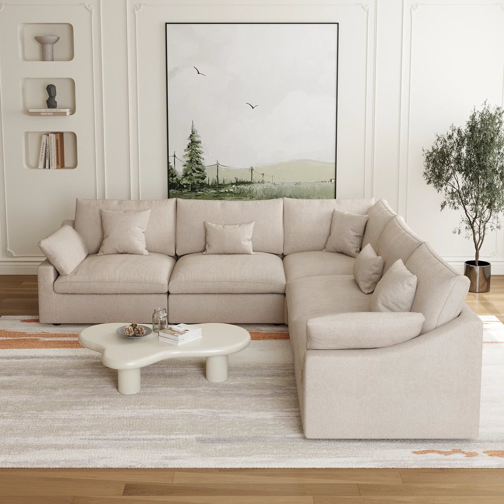 Deluxe Slope Cloud Sectional Sofas | 5-Piece Linen Khaki V-Shaped Sectionals 5-Seater