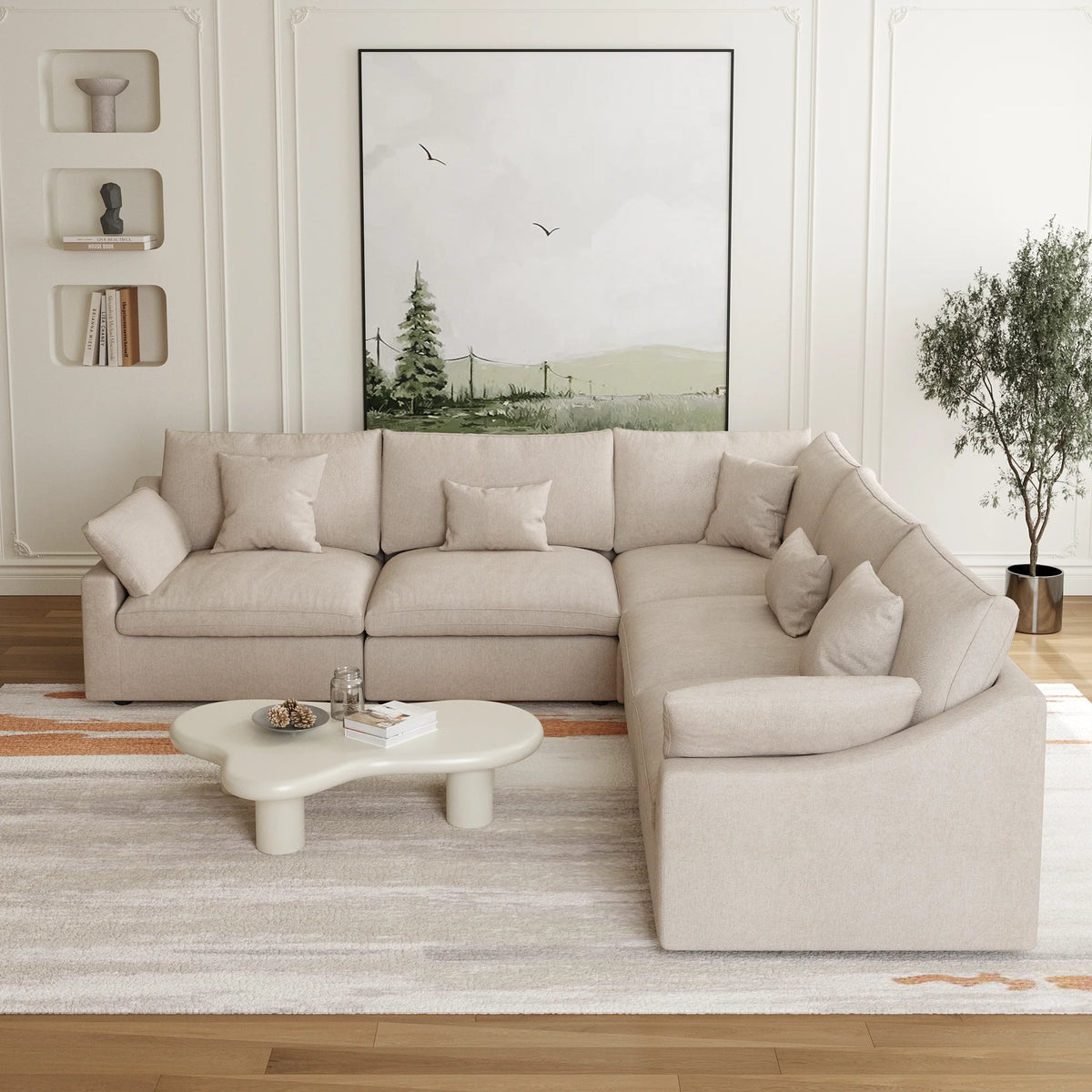 Deluxe Cloud 5-Seater Khaki Washable V-Shaped Sectional | 5-Piece, Chenille and Linen Fabric, Modular Design