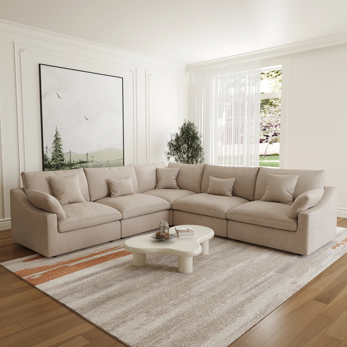 Deluxe Cloud 5-Seater Khaki Washable V-Shaped Sectional | 5-Piece, Chenille and Linen Fabric, Modular Design