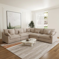 Deluxe Slope Cloud Sectional Sofas | 5-Piece Linen Khaki V-Shaped Sectionals 5-Seater
