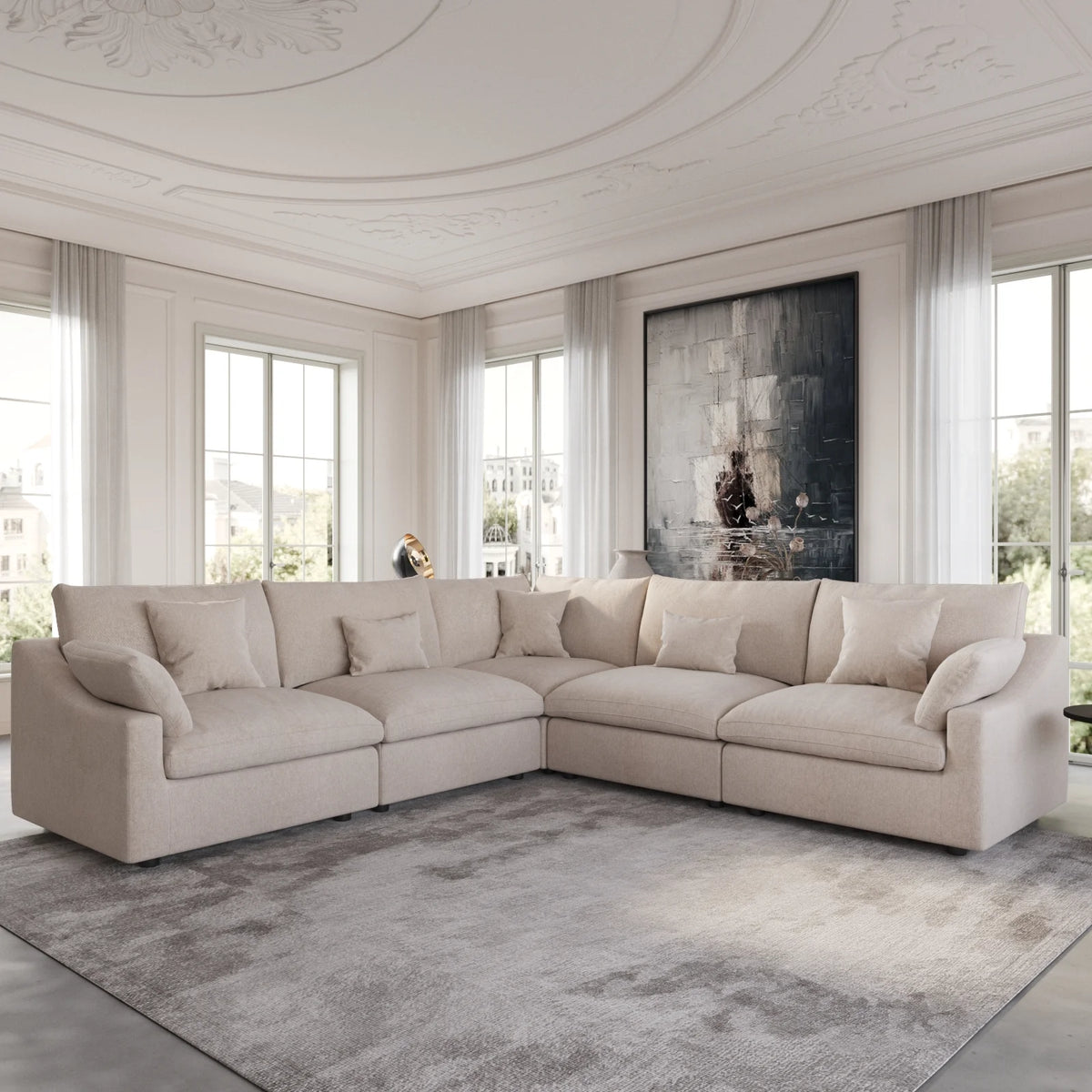 Deluxe Cloud 5-Seater Khaki Washable V-Shaped Sectional | 5-Piece, Chenille and Linen Fabric, Modular Design