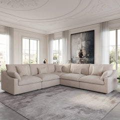 Deluxe Slope Cloud Sectional Sofas | 5-Piece Linen Khaki V-Shaped Sectionals 5-Seater