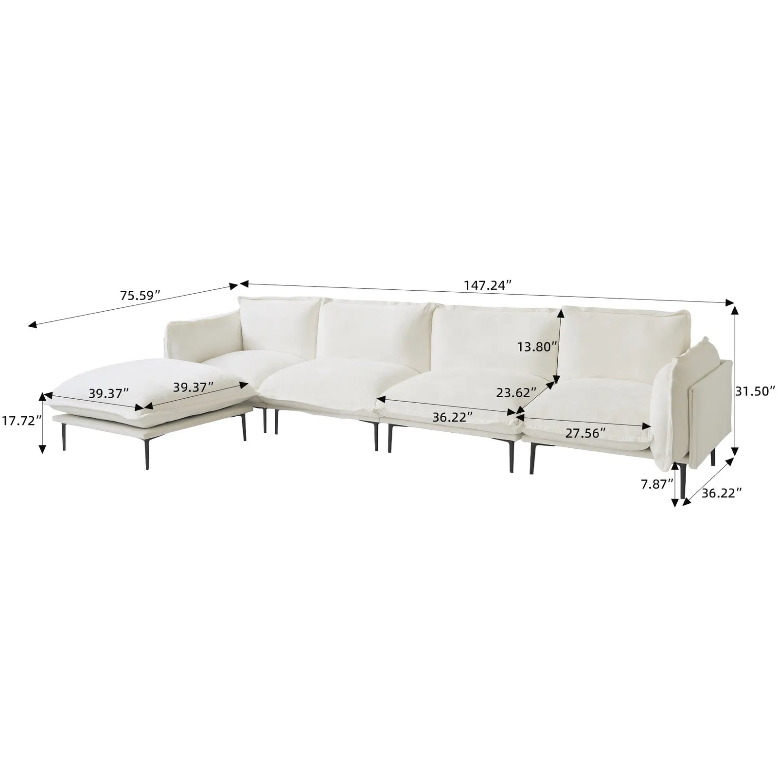 Sofá modular en forma de L Deluxe Cloud de 4 plazas, color beige | 5 piezas (incluye 1 otomana), tela de terciopelo, gran capacidad.