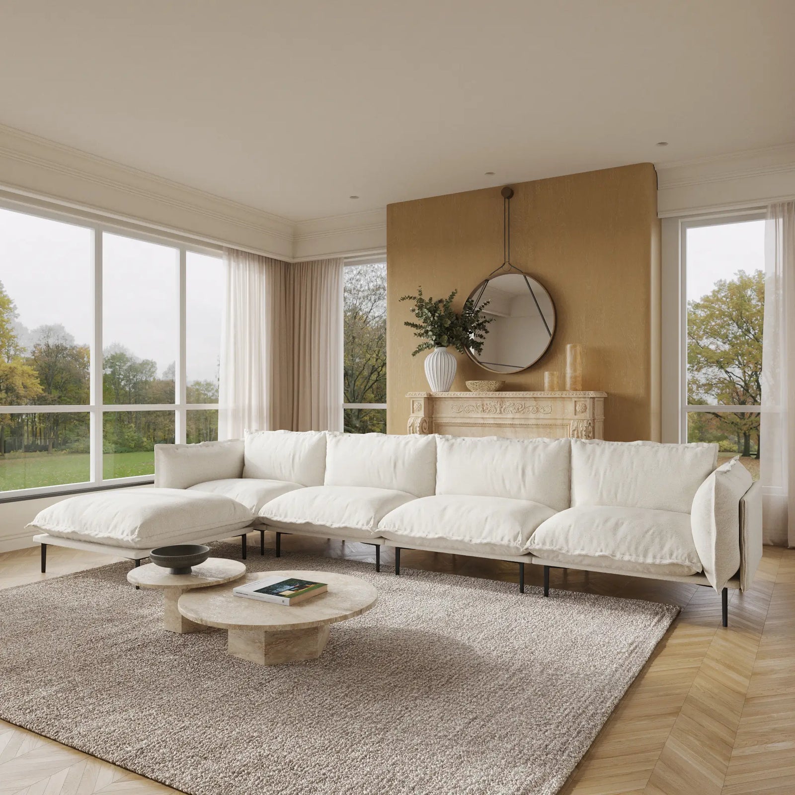 Sofá modular en forma de L Deluxe Cloud de 4 plazas, color beige | 5 piezas (incluye 1 otomana), tela de terciopelo, gran capacidad.