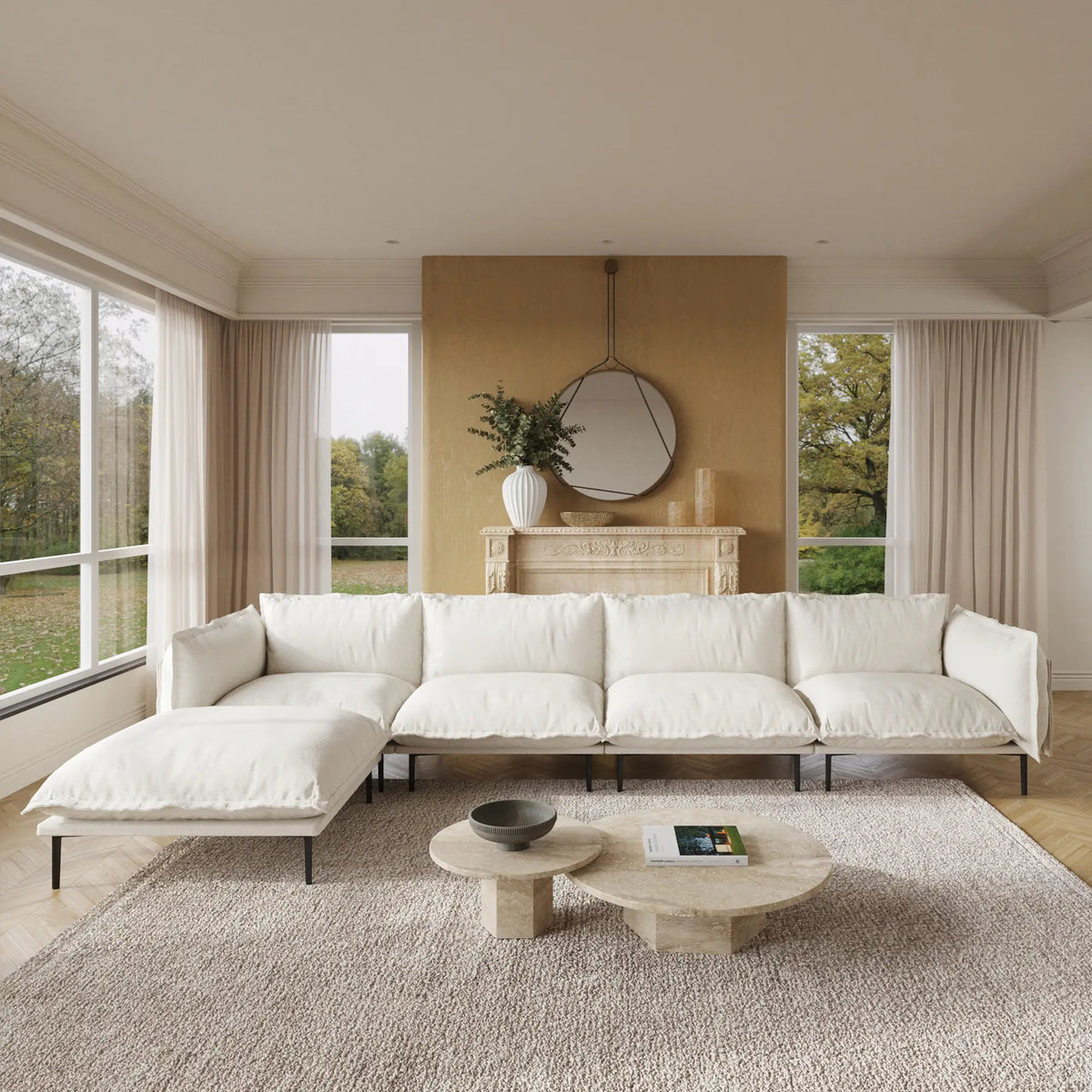 Sofá modular en forma de L Deluxe Cloud de 4 plazas, color beige | 5 piezas (incluye 1 otomana), tela de terciopelo, gran capacidad.