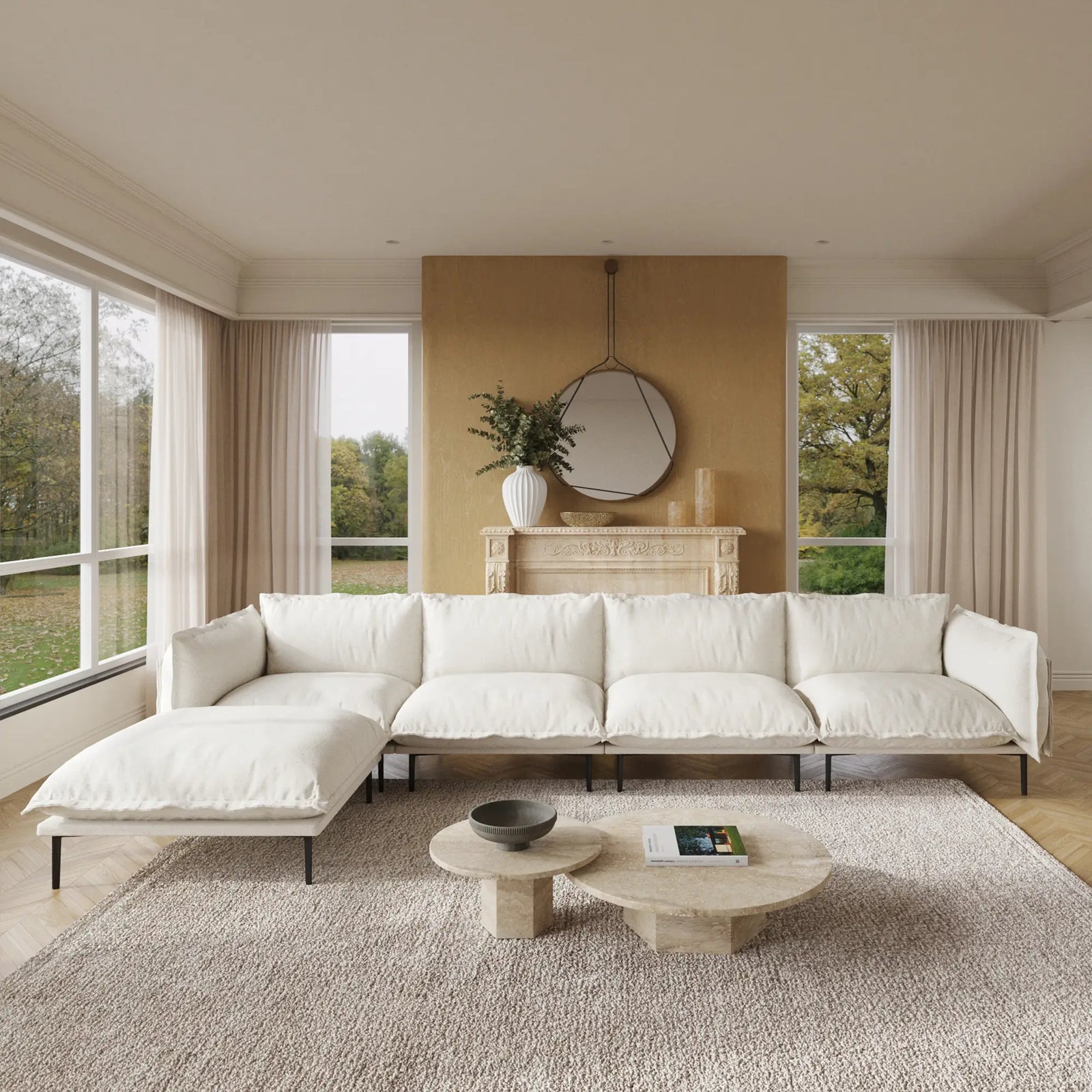 Sofá modular en forma de L Deluxe Cloud de 4 plazas, color beige | 5 piezas (incluye 1 otomana), tela de terciopelo, gran capacidad.