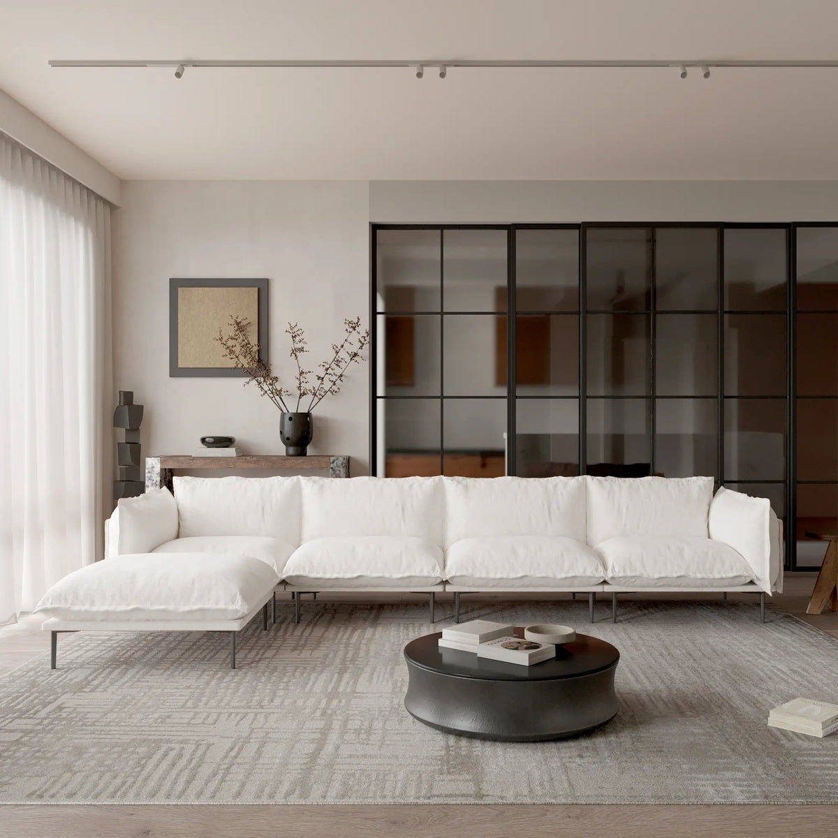 Sofá modular en forma de L Deluxe Cloud de 4 plazas, color beige | 5 piezas (incluye 1 otomana), tela de terciopelo, gran capacidad.