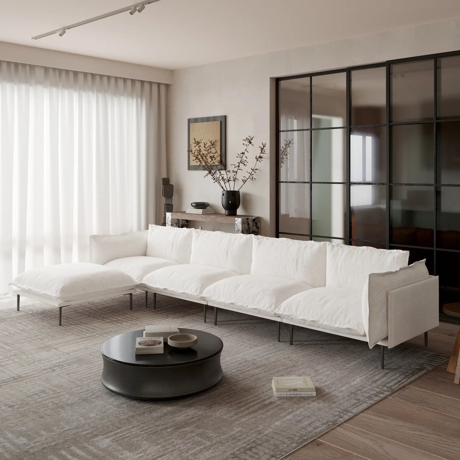 Sofá modular en forma de L Deluxe Cloud de 4 plazas, color beige | 5 piezas (incluye 1 otomana), tela de terciopelo, gran capacidad.