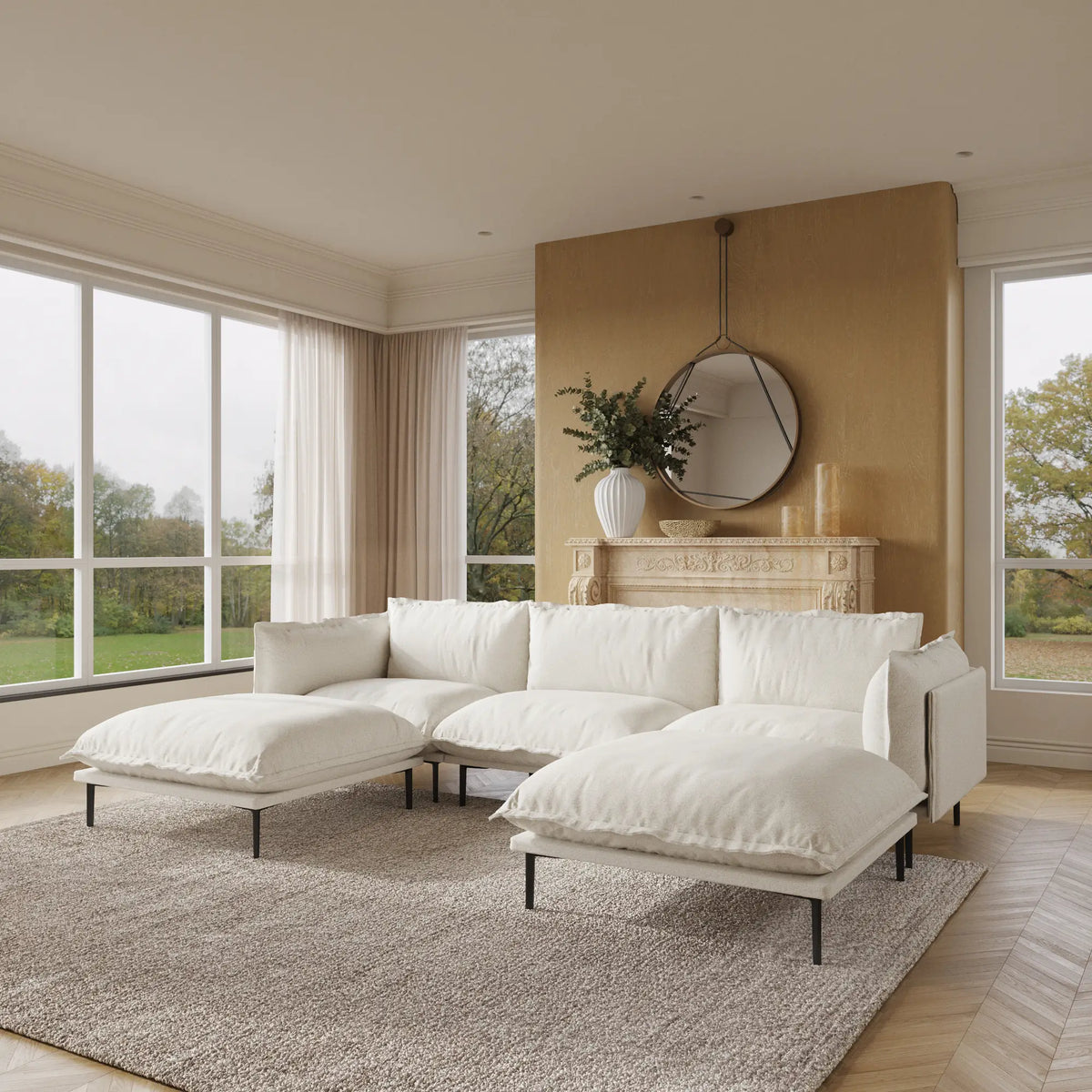Sofá modular en forma de U Deluxe Cloud de 3 plazas, color beige | 5 piezas (incluye 2 otomanas), tela de terciopelo, gran capacidad.