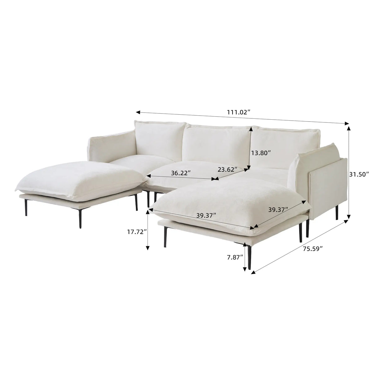 Sofá modular en forma de U Deluxe Cloud de 3 plazas, color beige | 5 piezas (incluye 2 otomanas), tela de terciopelo, gran capacidad.