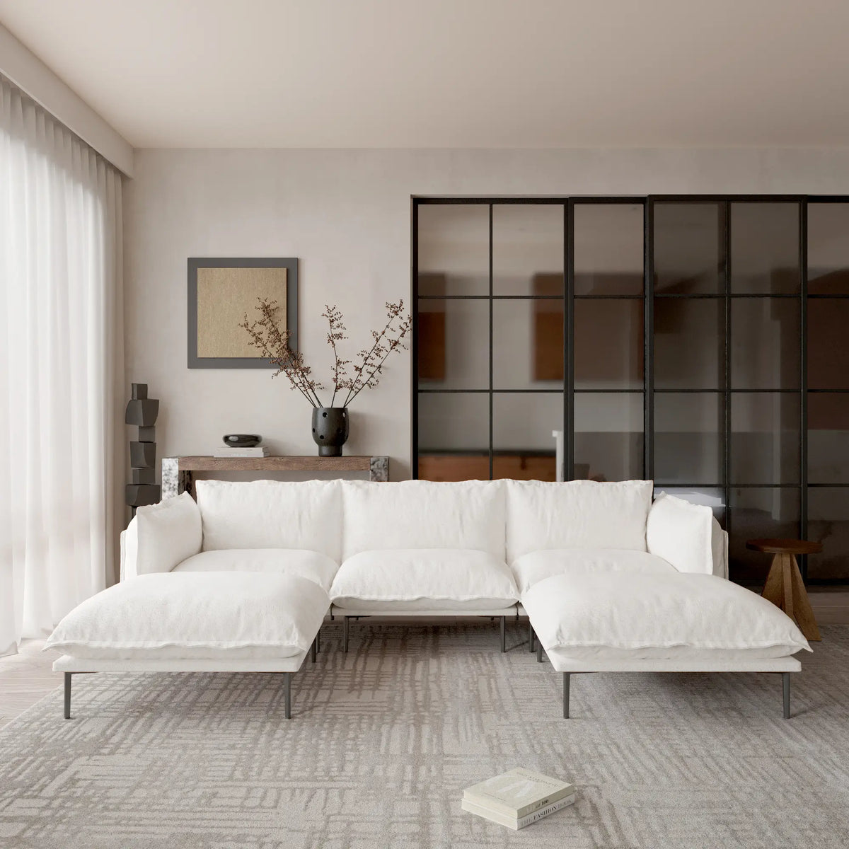 Sofá modular en forma de U Deluxe Cloud de 3 plazas, color beige | 5 piezas (incluye 2 otomanas), tela de terciopelo, gran capacidad.