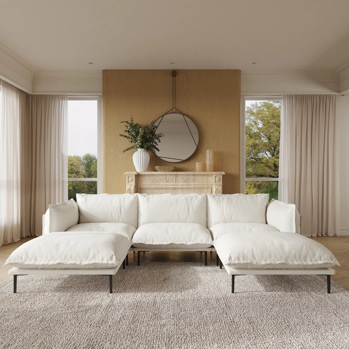 Sofá modular en forma de U Deluxe Cloud de 3 plazas, color beige | 5 piezas (incluye 2 otomanas), tela de terciopelo, gran capacidad.