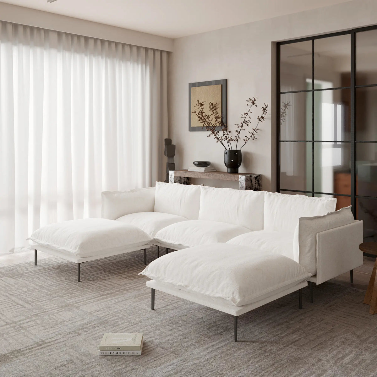 Sofá modular en forma de U Deluxe Cloud de 3 plazas, color beige | 5 piezas (incluye 2 otomanas), tela de terciopelo, gran capacidad.