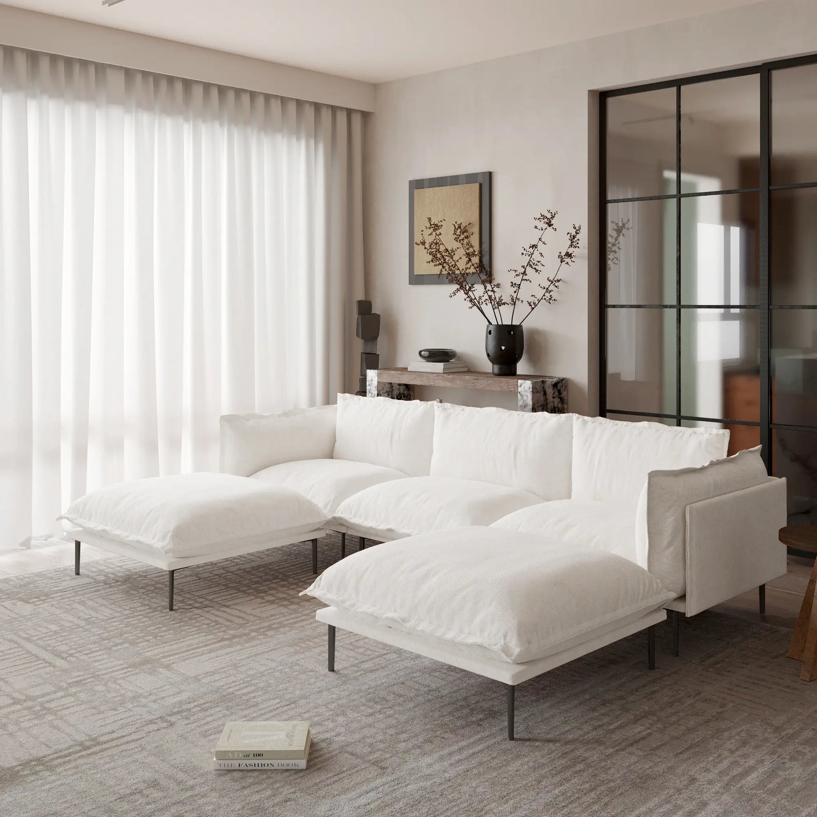 Deluxe Cloud 3-Seater Beige Modular U-Shaped Sectional | 5-Piece (includes 2 Ottomans), Velvet Fabric, Large Space