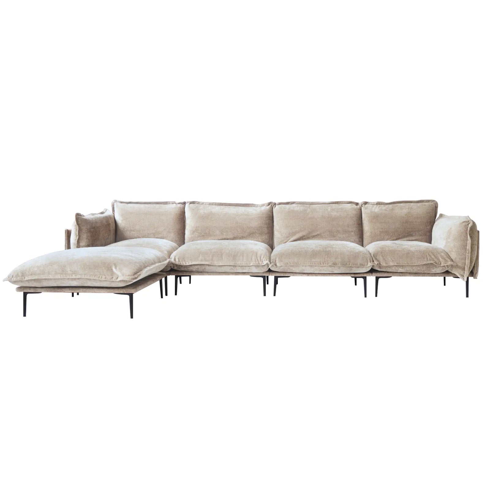 Sofá modular en forma de L Deluxe Cloud de 4 plazas, color marrón | 5 piezas (incluye 1 otomana), tela de terciopelo, diseño espacioso
