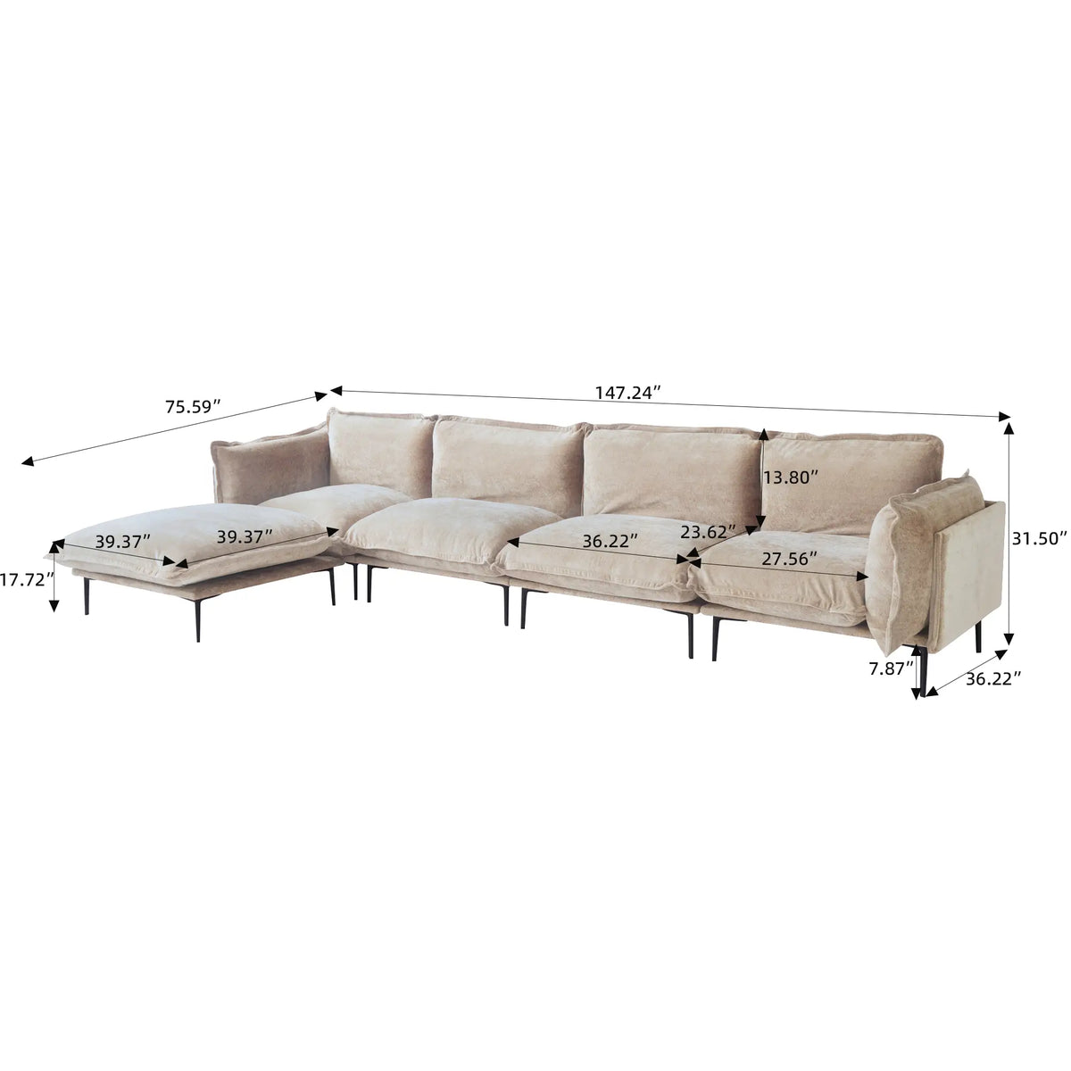 Sofá modular en forma de L Deluxe Cloud de 4 plazas, color marrón | 5 piezas (incluye 1 otomana), tela de terciopelo, diseño espacioso