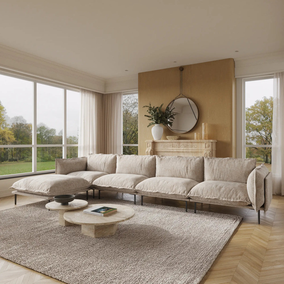 Sofá modular en forma de L Deluxe Cloud de 4 plazas, color marrón | 5 piezas (incluye 1 otomana), tela de terciopelo, diseño espacioso