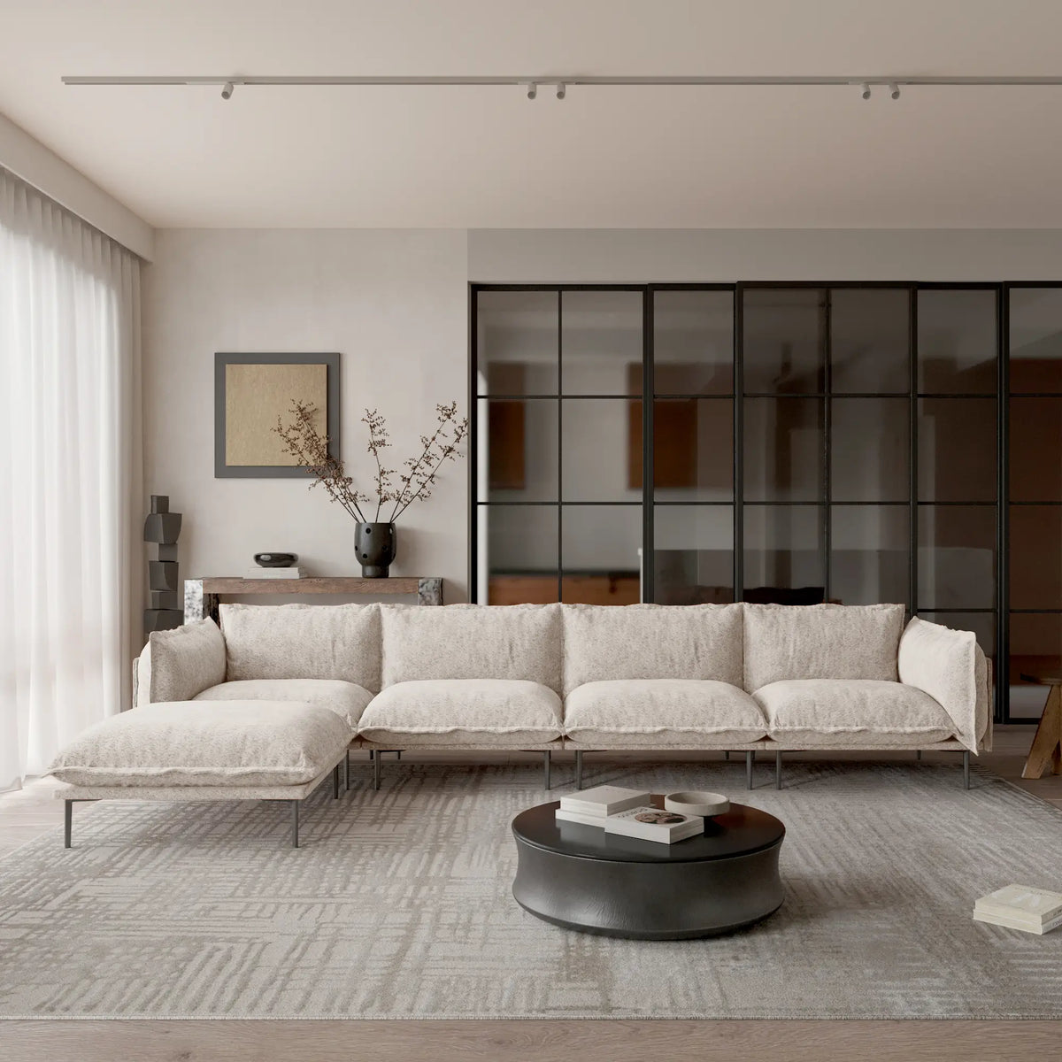 Sofá modular en forma de L Deluxe Cloud de 4 plazas, color marrón | 5 piezas (incluye 1 otomana), tela de terciopelo, diseño espacioso