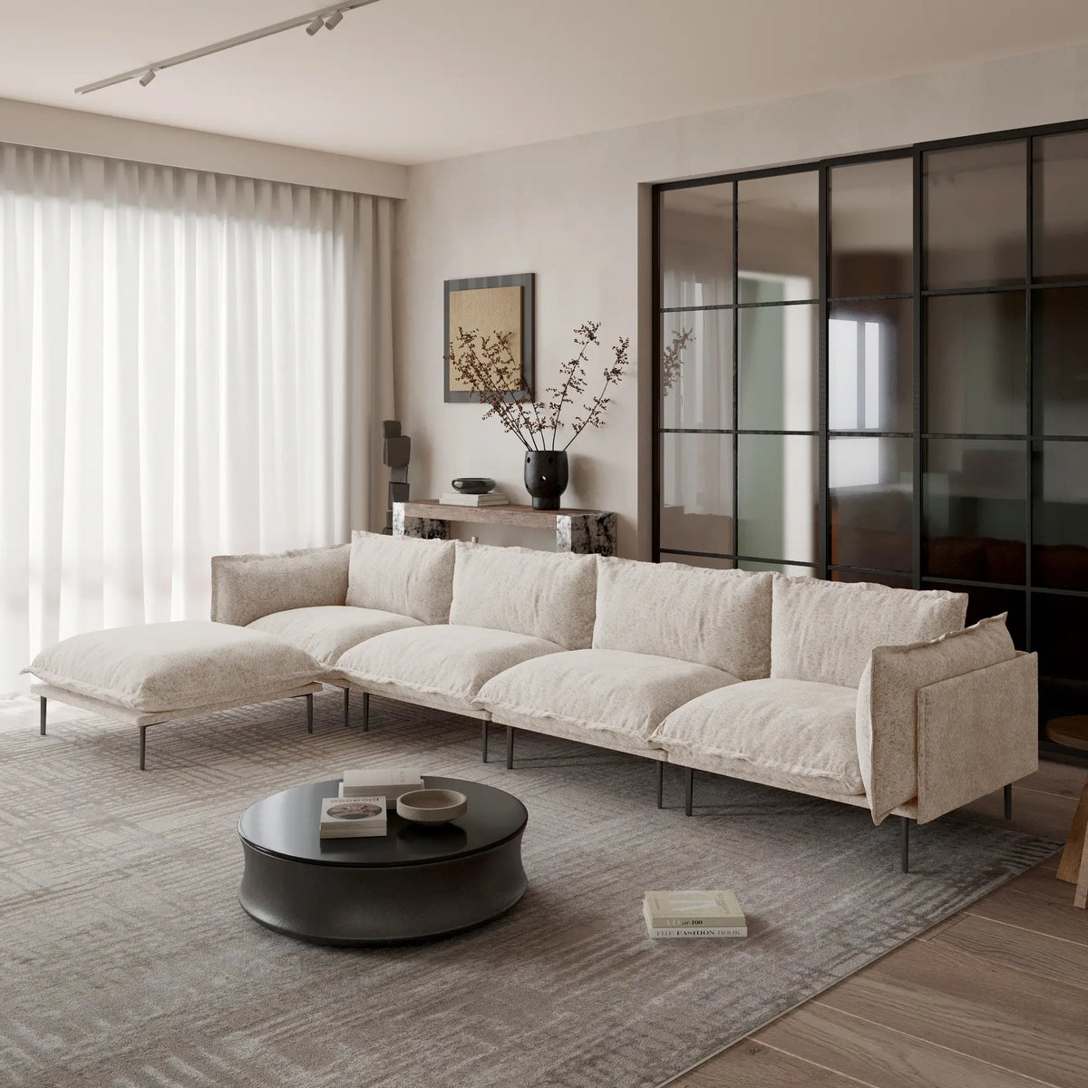 Sofá modular en forma de L Deluxe Cloud de 4 plazas, color marrón | 5 piezas (incluye 1 otomana), tela de terciopelo, diseño espacioso