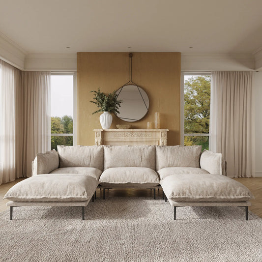 Deluxe Urban Cloud Sectional Sofas | 5-Piece Velvet Brown U-Shaped Sectionals 3-Seater With 2 Ottomans