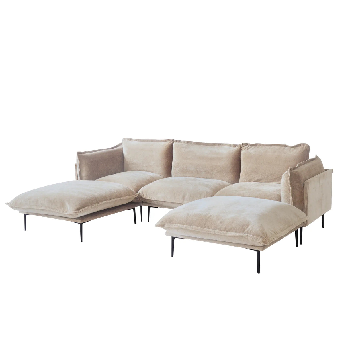 Sofá modular en forma de U Deluxe Cloud de 3 plazas, color marrón | 5 piezas (incluye 2 otomanas), tela de terciopelo, diseño espacioso