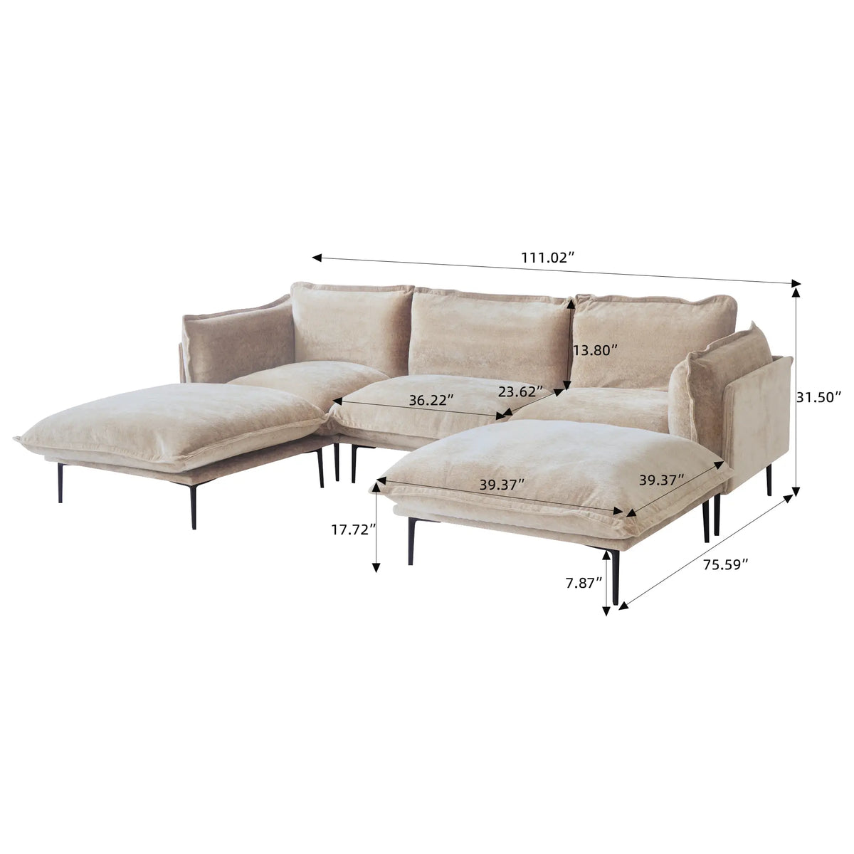 Sofá modular en forma de U Deluxe Cloud de 3 plazas, color marrón | 5 piezas (incluye 2 otomanas), tela de terciopelo, diseño espacioso