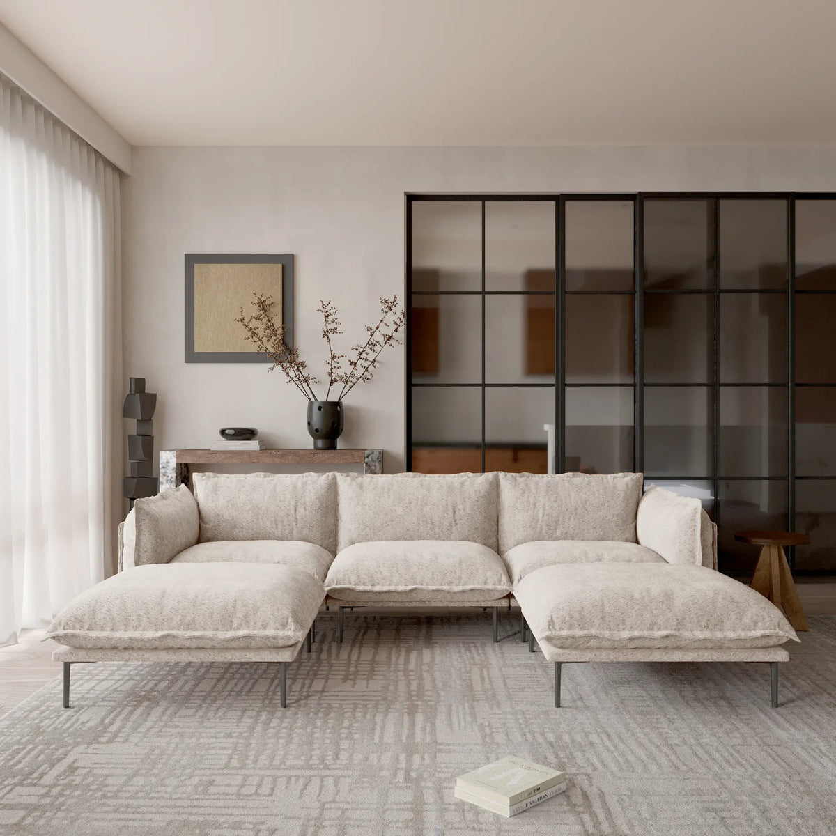 Sofá modular en forma de U Deluxe Cloud de 3 plazas, color marrón | 5 piezas (incluye 2 otomanas), tela de terciopelo, diseño espacioso