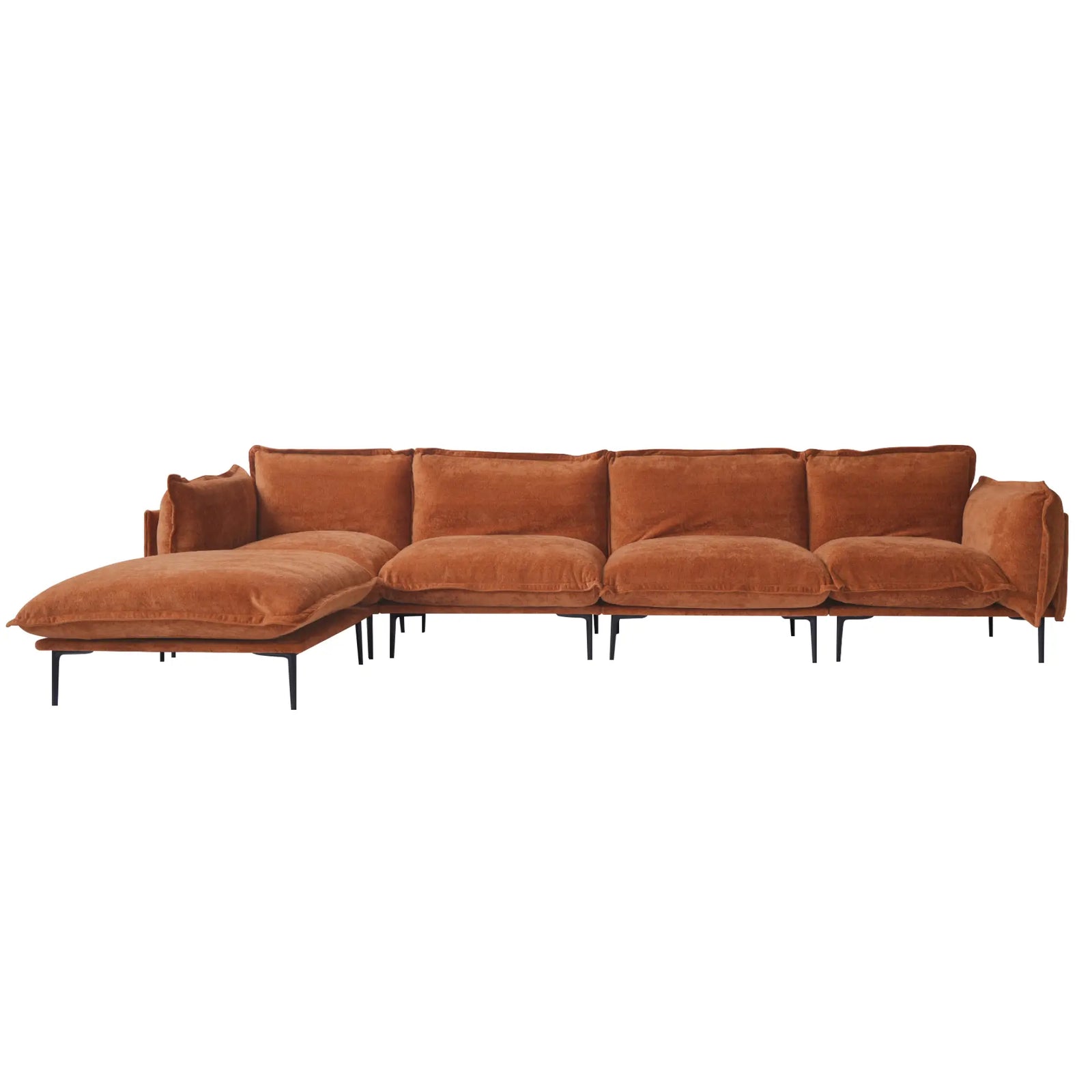 Sofá modular en forma de L Deluxe Cloud de 4 plazas, color naranja | 5 piezas (incluye 1 otomana), tapizado en terciopelo, diseño espacioso.