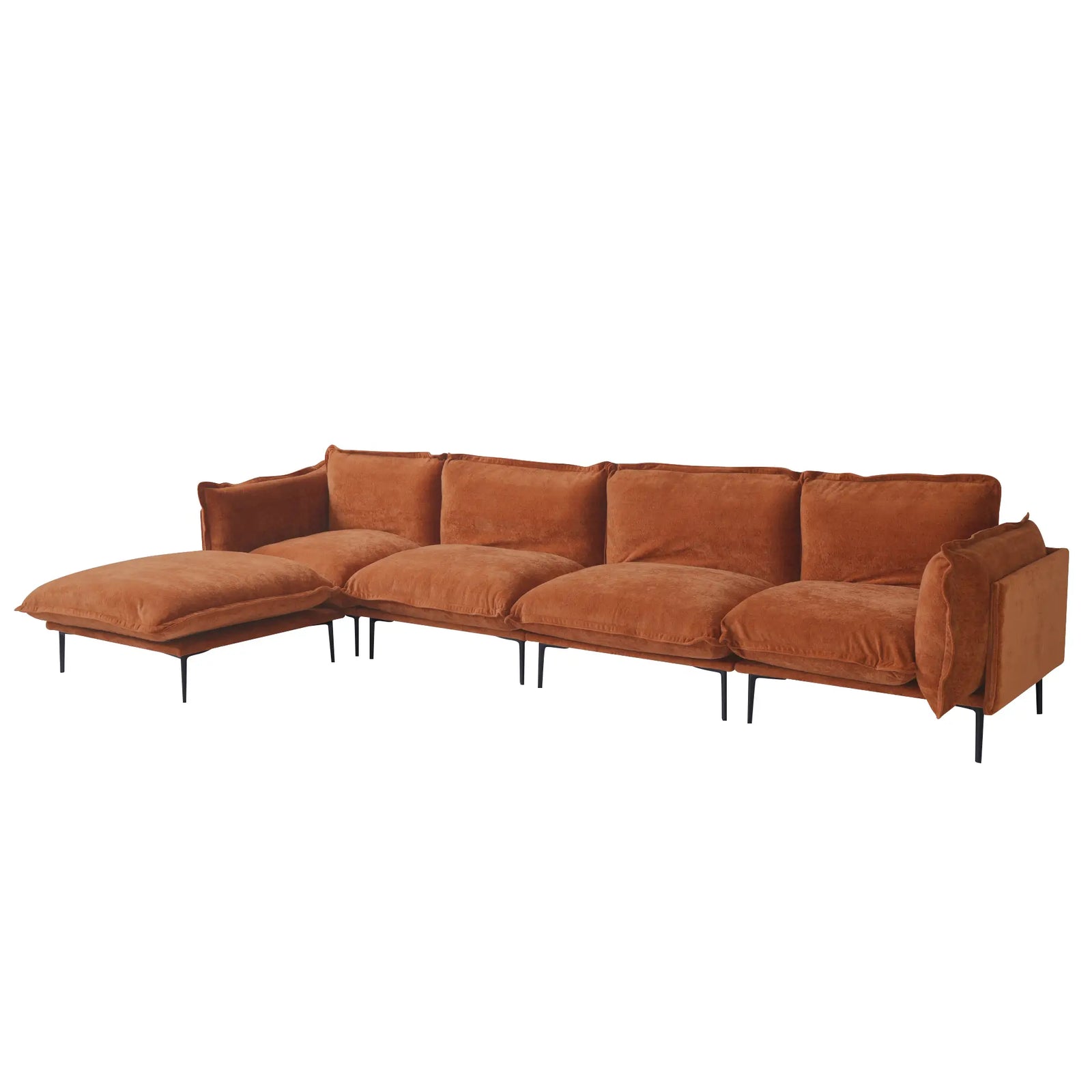 Sofá modular en forma de L Deluxe Cloud de 4 plazas, color naranja | 5 piezas (incluye 1 otomana), tapizado en terciopelo, diseño espacioso.
