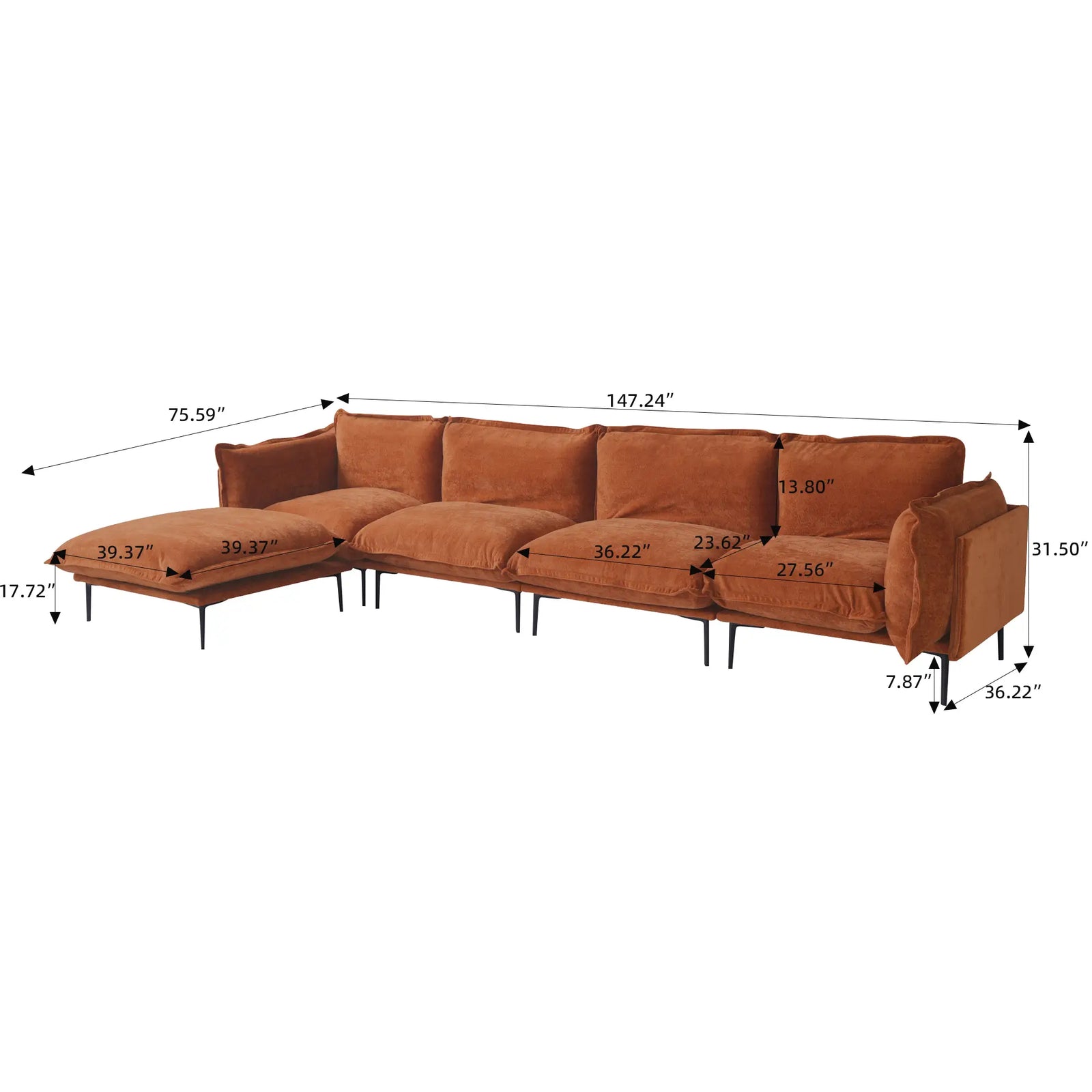 Sofá modular en forma de L Deluxe Cloud de 4 plazas, color naranja | 5 piezas (incluye 1 otomana), tapizado en terciopelo, diseño espacioso.