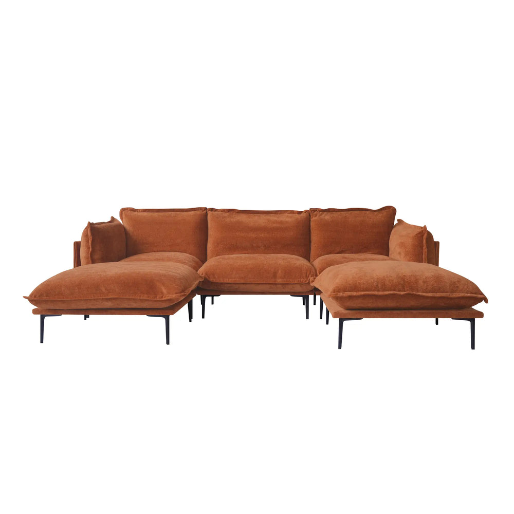 Deluxe Urban Cloud Sectional Sofas | 5-Piece Velvet Orange U-Shaped Sectionals 3-Seater With 2 Ottomans