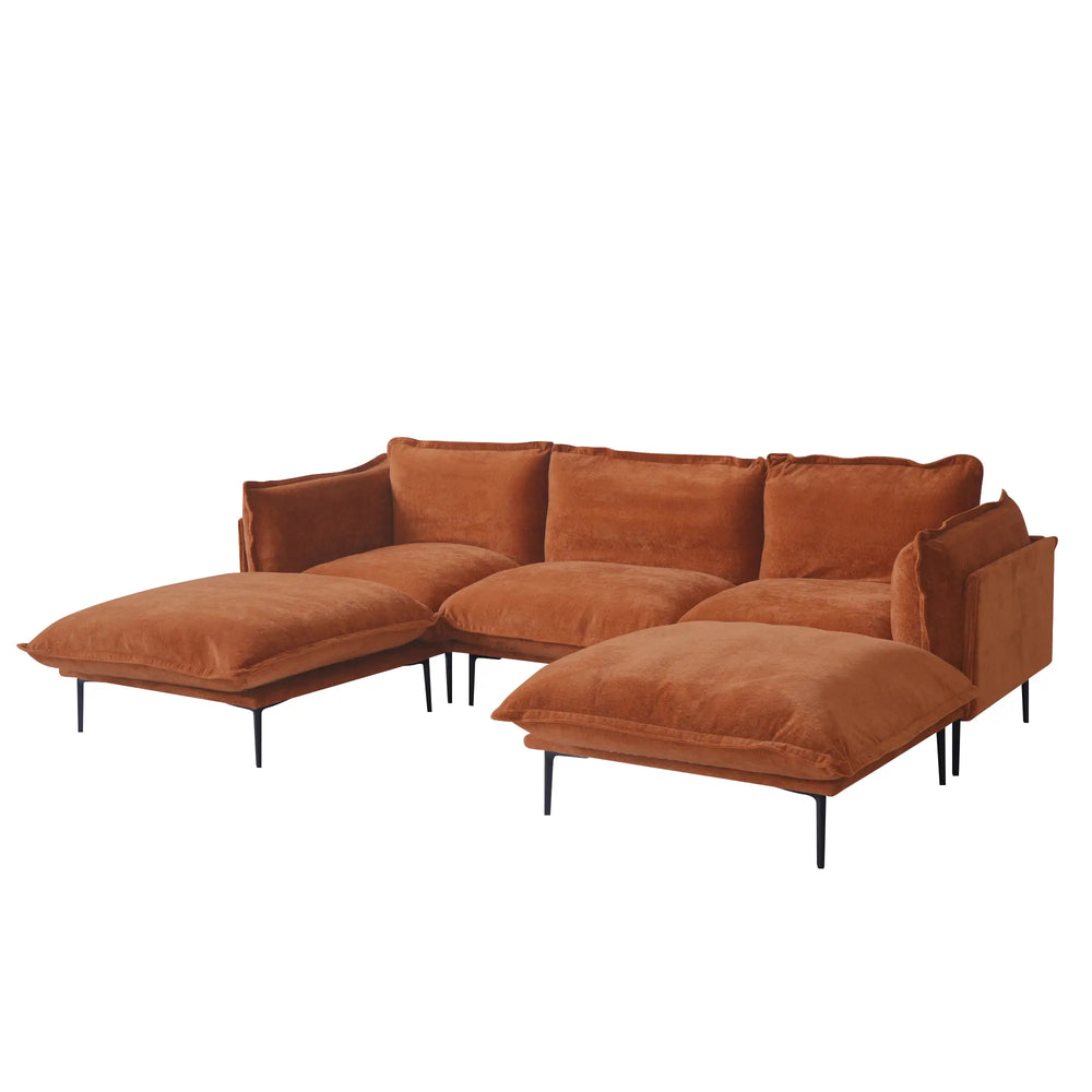 Deluxe Urban Cloud Sectional Sofas | 5-Piece Velvet Orange U-Shaped Sectionals 3-Seater With 2 Ottomans
