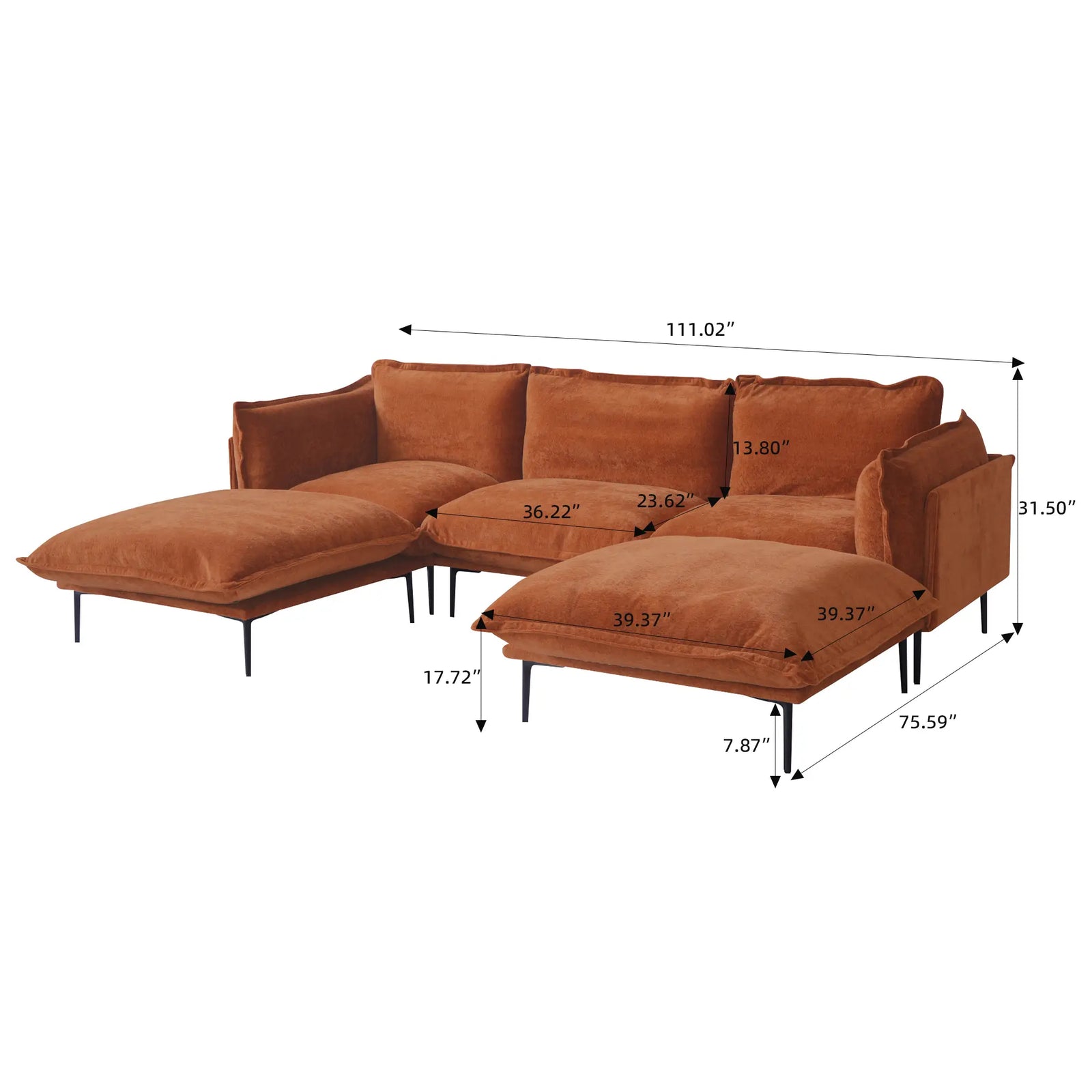 Deluxe Cloud 3-Seater Orange Modular U-Shaped Sectional | 5-Piece (includes 2 Ottomans), Velvet Fabric, Roomy Layout