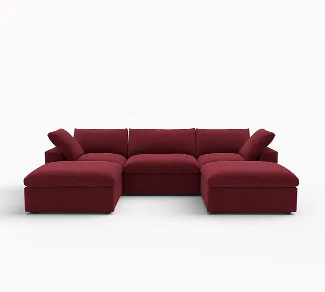 Deluxe Cloud 3-Seater U-Shaped Sectional in Claret Velvet | 5-Piece (Includes 2 Ottomans), Family Room Seating, Easy To Clean, Stylish Design